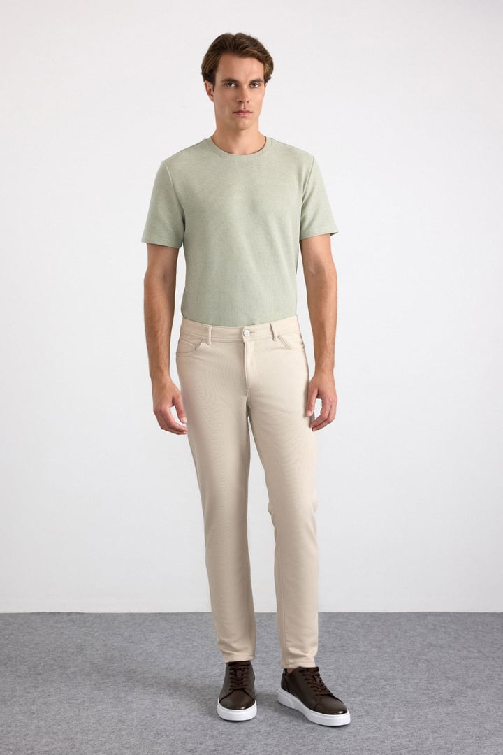 Bej Slim Karışık Desen Armürlü Normal Bel Casual Pantolon
