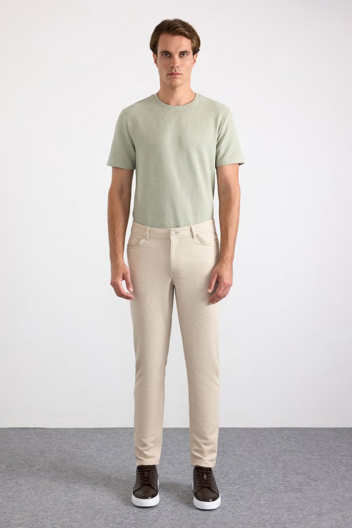 Bej Slim Karışık Desen Armürlü Normal Bel Casual Pantolon