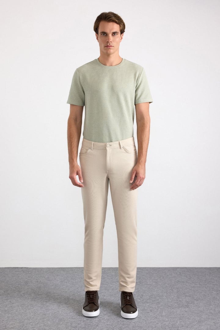 Bej Slim Karışık Desen Armürlü Normal Bel Casual Pantolon