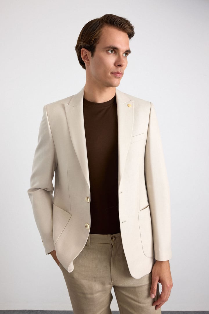 Bej Slim Mono Yaka Düz Poplin Torba Cep Standart 6 Drop Klasik Ceket