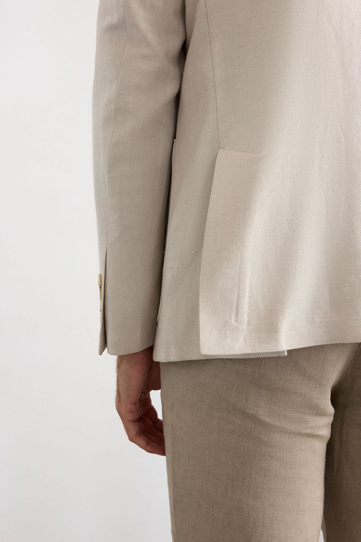 Bej Slim Mono Yaka Düz Poplin Torba Cep Standart 6 Drop Klasik Ceket