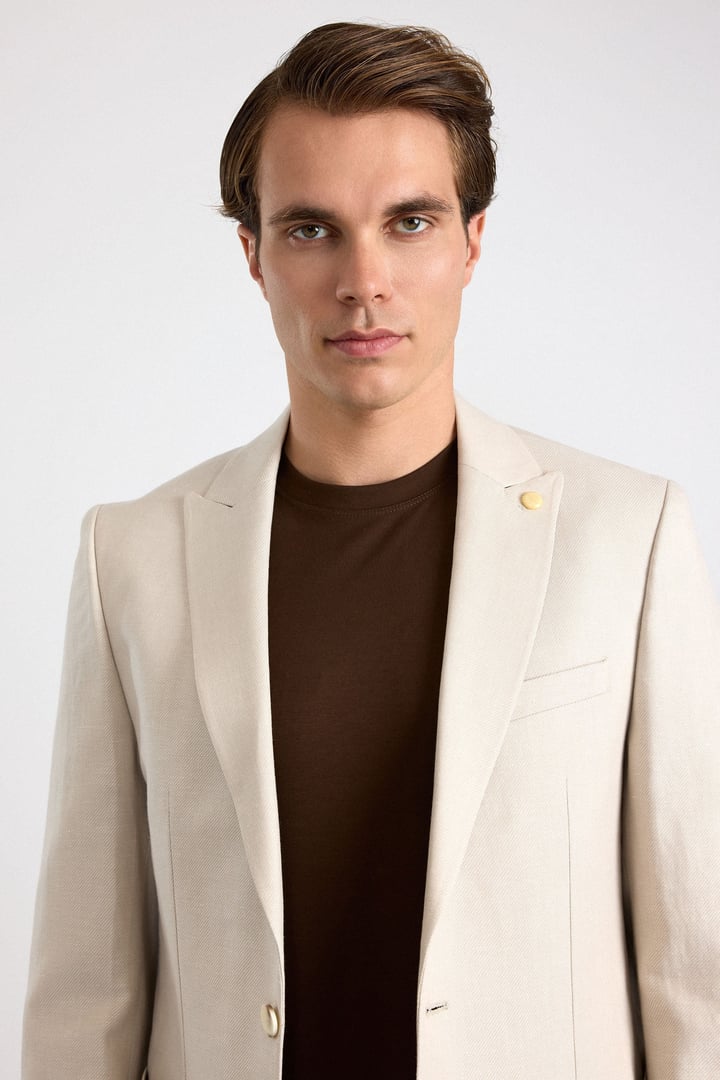 Bej Slim Mono Yaka Düz Poplin Torba Cep Standart 6 Drop Klasik Ceket