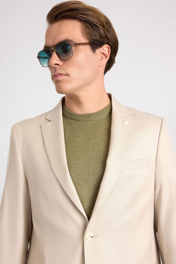 Bej Slim Mono Yaka Torba Cep 6 Drop Klasik Ceket