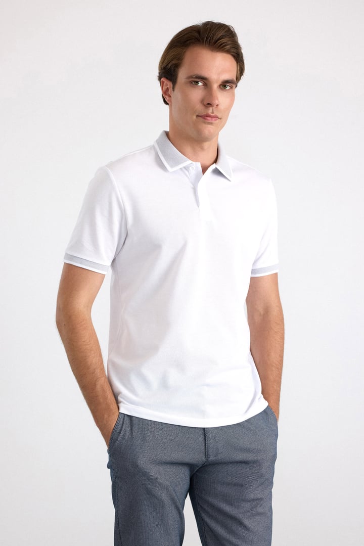 Beyaz Regular Düz Baskısız Pike Polo Yaka Standart Tişört