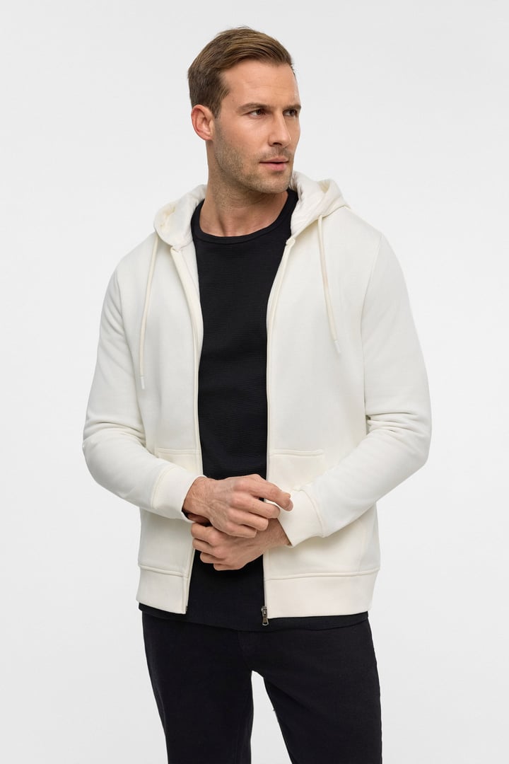 Beyaz Regular Düz Bisiklet Yaka Fermuarlı Sweatshirt