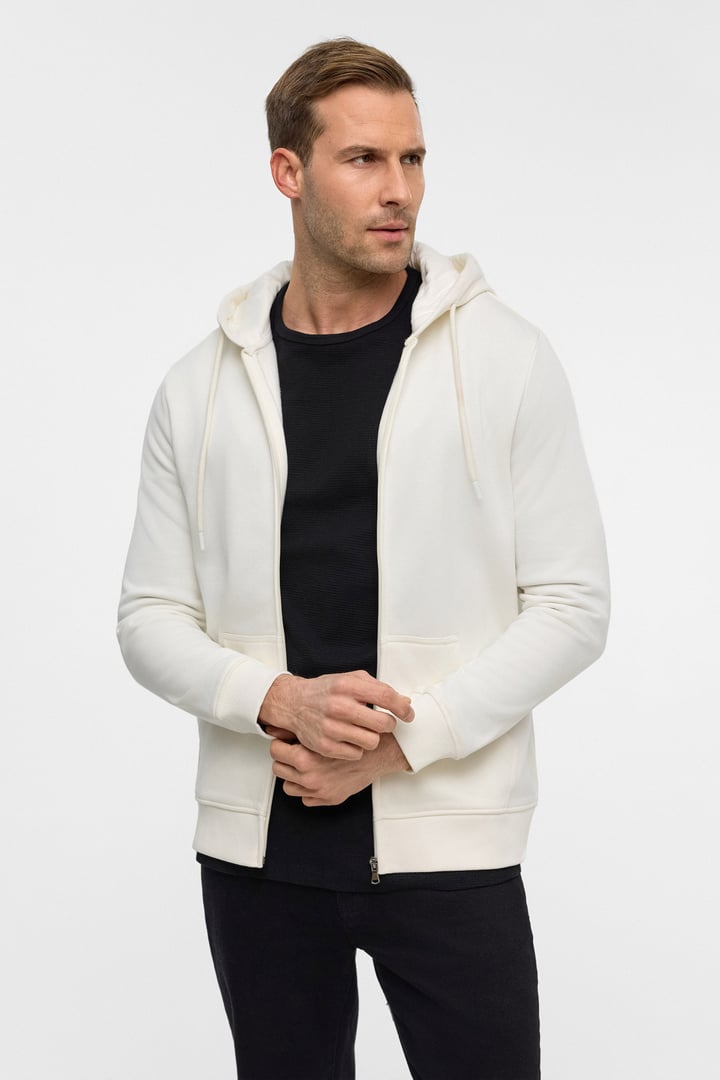 Beyaz Regular Düz Bisiklet Yaka Fermuarlı Sweatshirt