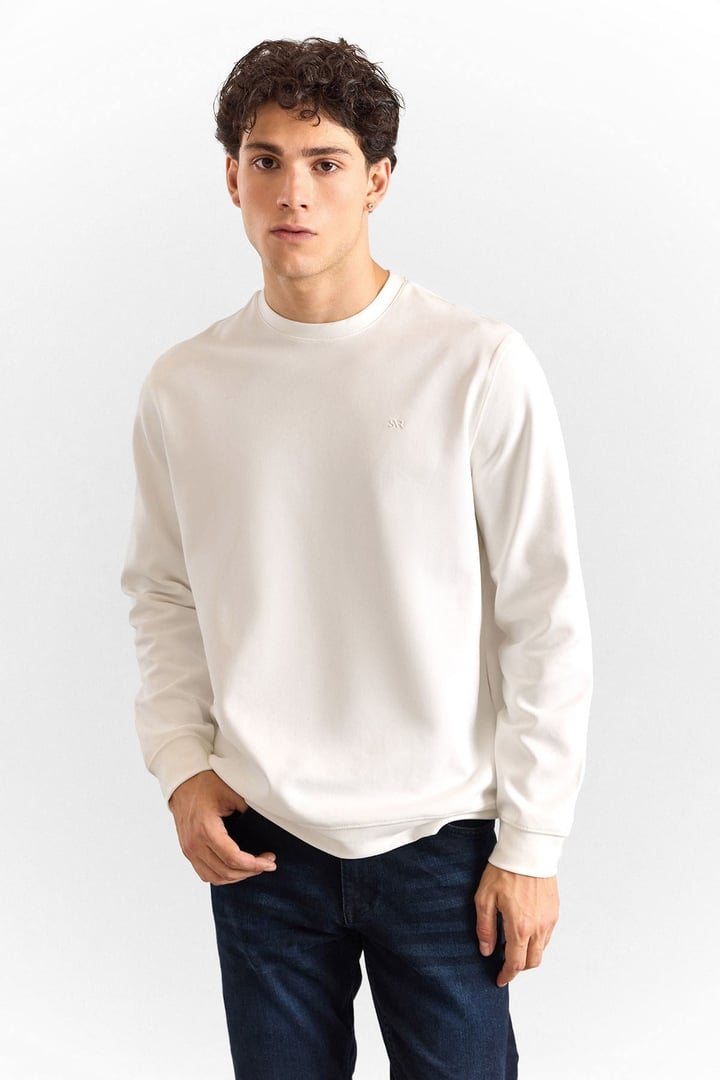 Beyaz Regular Düz Bisiklet Yaka Sweatshirt