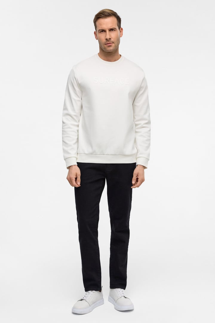 Beyaz Regular Düz Bisiklet Yaka Sweatshirt