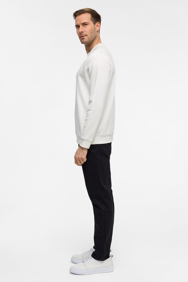 Beyaz Regular Düz Bisiklet Yaka Sweatshirt