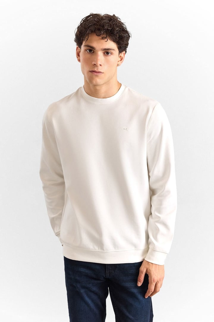 Beyaz Regular Düz Bisiklet Yaka Sweatshirt