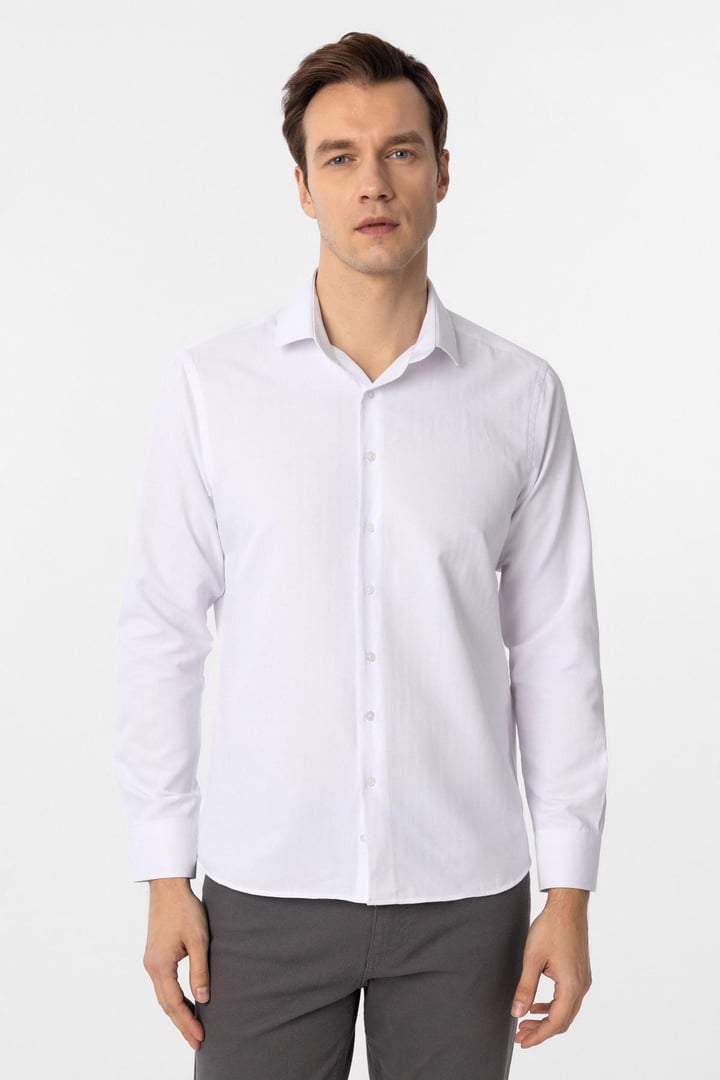 Beyaz Slim Fit Armürlü Klasik Yaka Gömlek