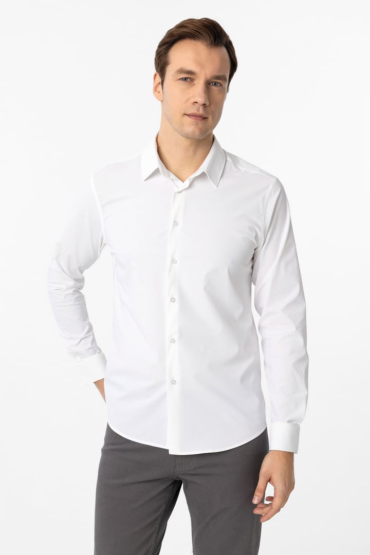Beyaz Slim Fit Düz Klasik Yaka Gömlek