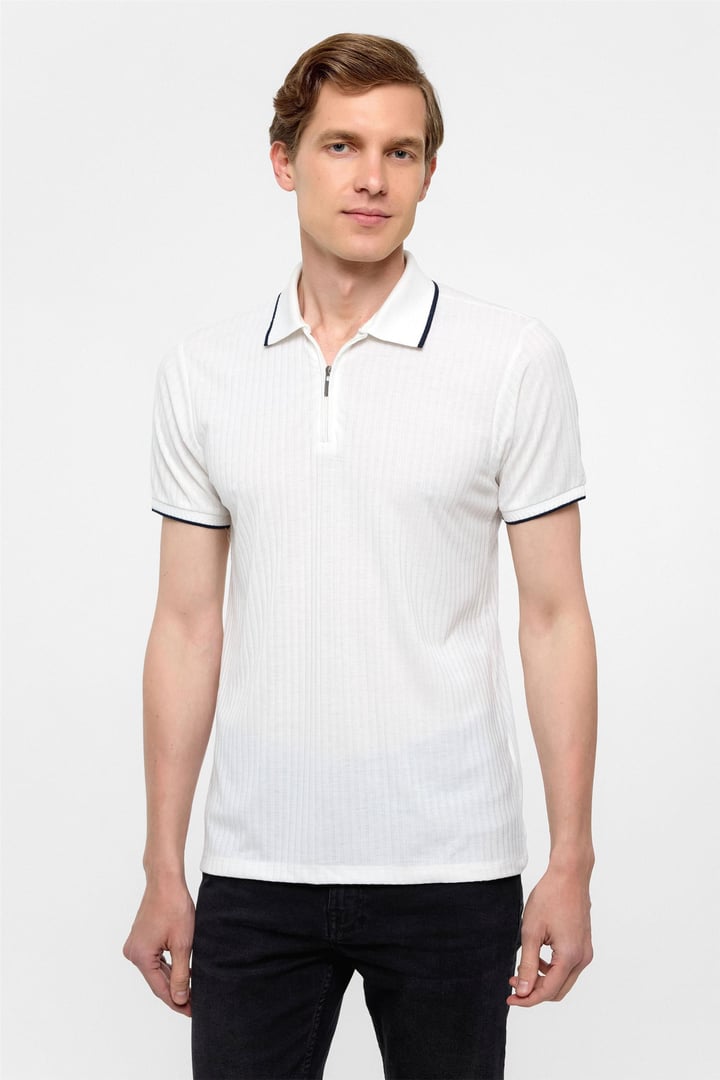 Beyaz Slim Fitilli Polo Yaka Tişört