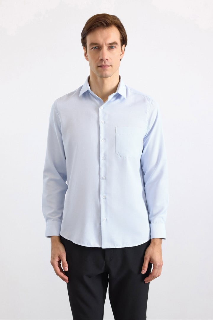 Buz Mavi Regular Klasik Yaka Düz Kapaksız Cep Düğmeli Uzun Kollu Standart Casual Gömlek