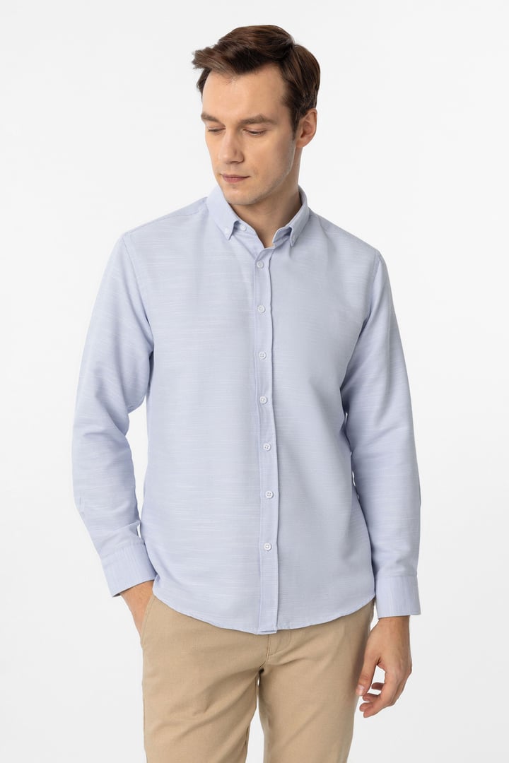 Buz Mavi Slim Fit Armürlü Düğmeli Yaka Gömlek