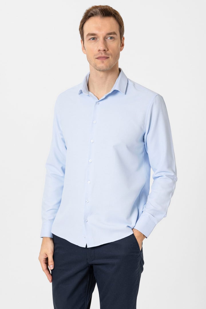 Buz Mavi Slim Fit Desenli Klasik Yaka Gömlek
