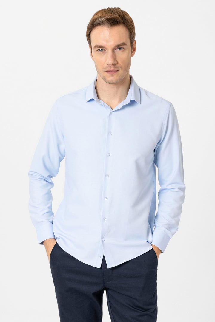 Buz Mavi Slim Fit Desenli Klasik Yaka Gömlek