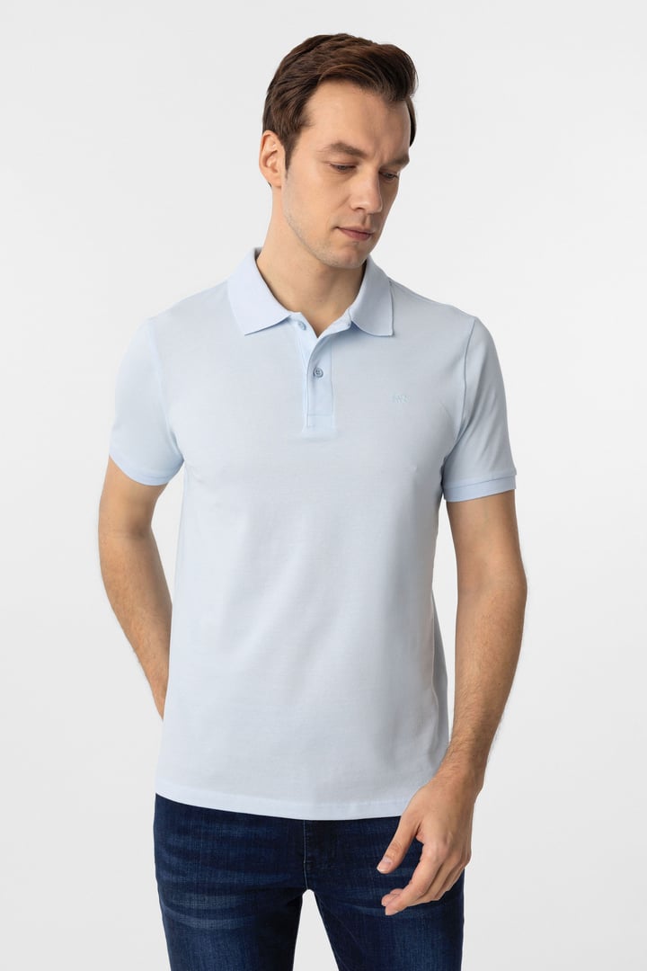 Buz Mavi Slim Fit Düz Polo Yaka Tişört