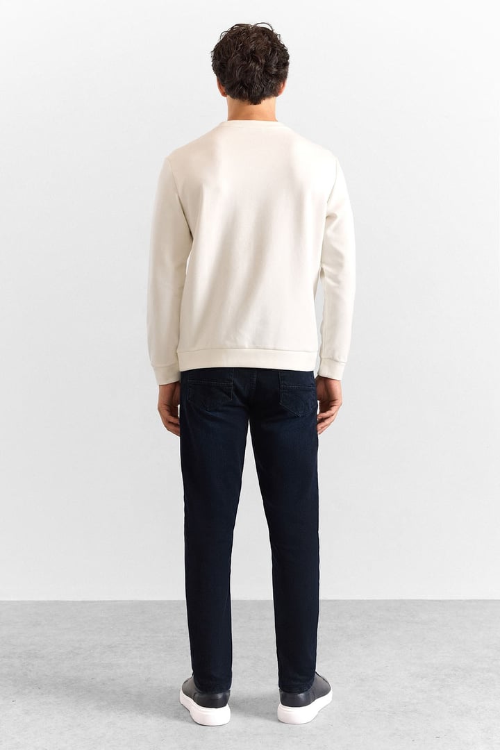 Ekru Regular Düz Baskılı İnterlok Bisiklet Yaka Cepsiz Düz Sweatshirt