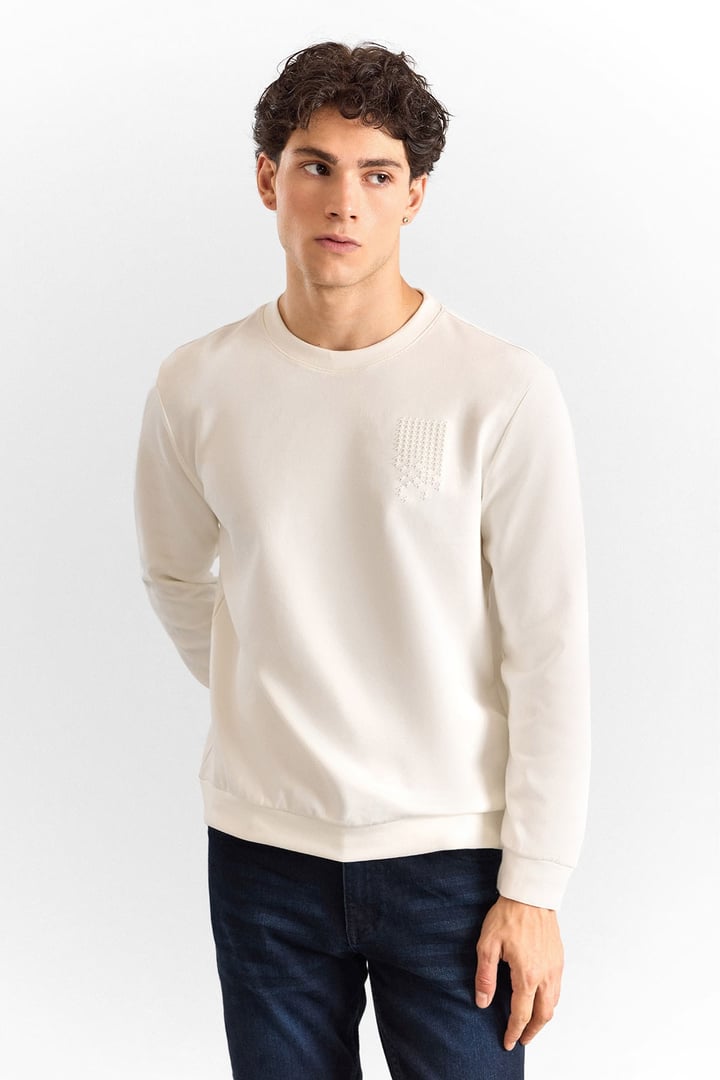 Ekru Regular Düz Baskılı İnterlok Bisiklet Yaka Cepsiz Düz Sweatshirt