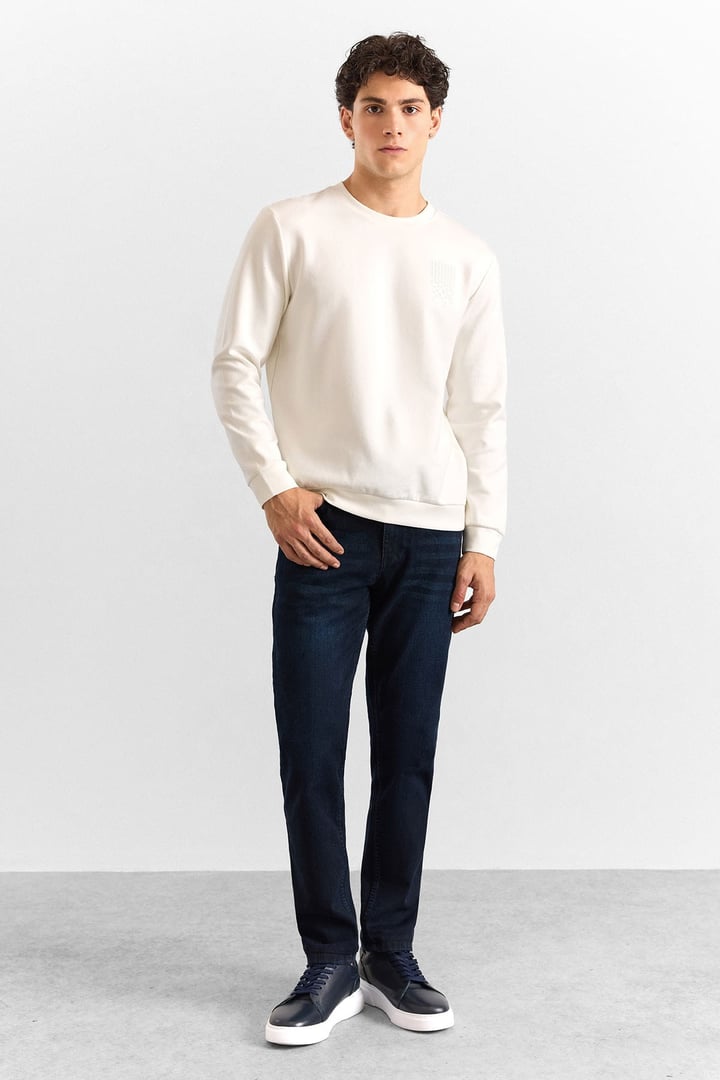 Ekru Regular Düz Baskılı İnterlok Bisiklet Yaka Cepsiz Düz Sweatshirt