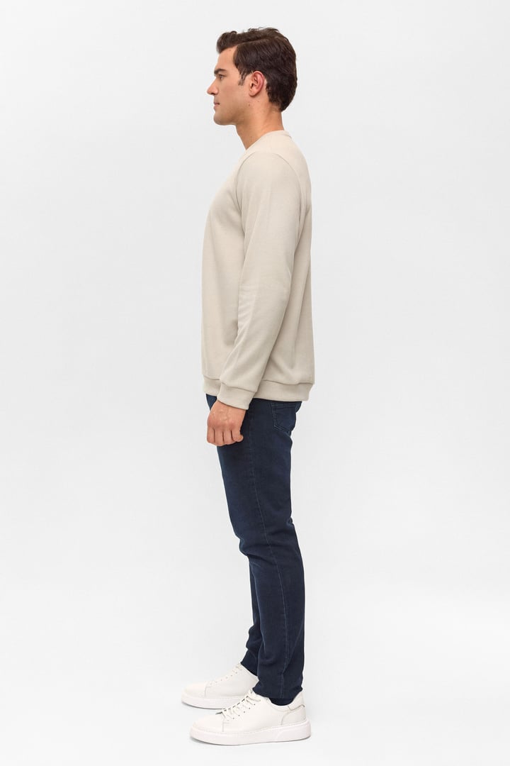 Ekru Regular Düz Bisiklet Yaka Sweatshirt