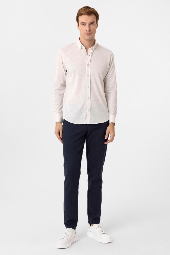 Ekru Slim Fit Armürlü Düğmeli Yaka Gömlek
