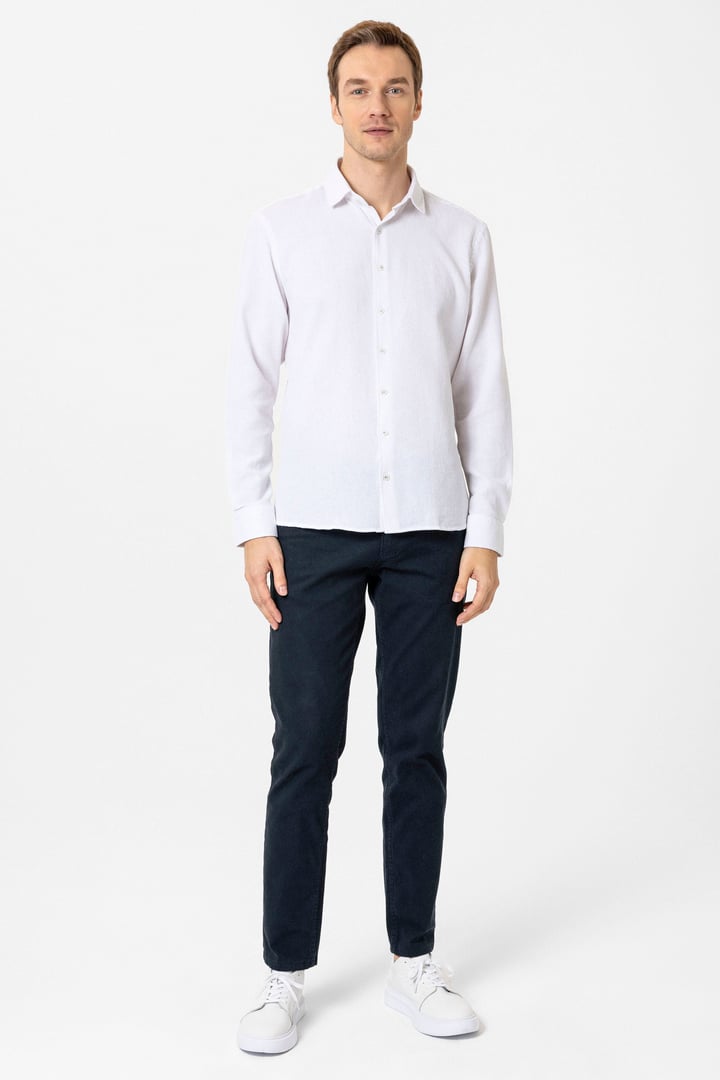 Ekru Slim Fit Desenli Klasik Yaka Gömlek