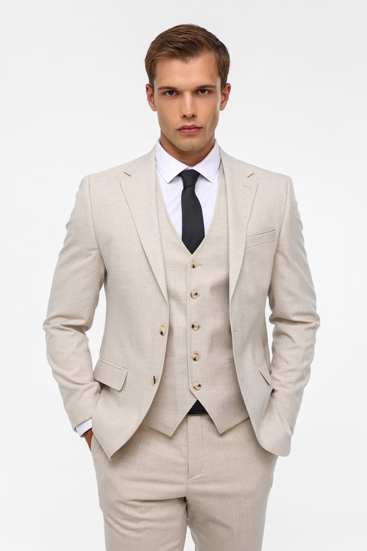 Ekru Slim Fit Desenli Mono Yaka 6 Drop Yelekli Klasik Takım Elbise