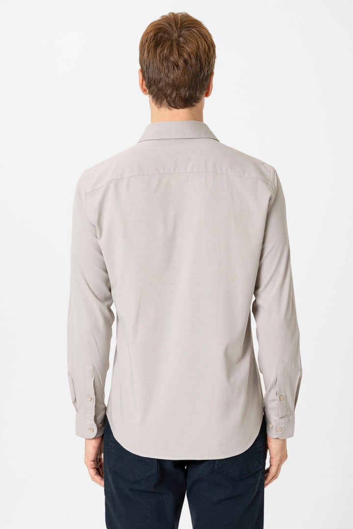 Ekru Slim Fit Düz Klasik Yaka Gömlek