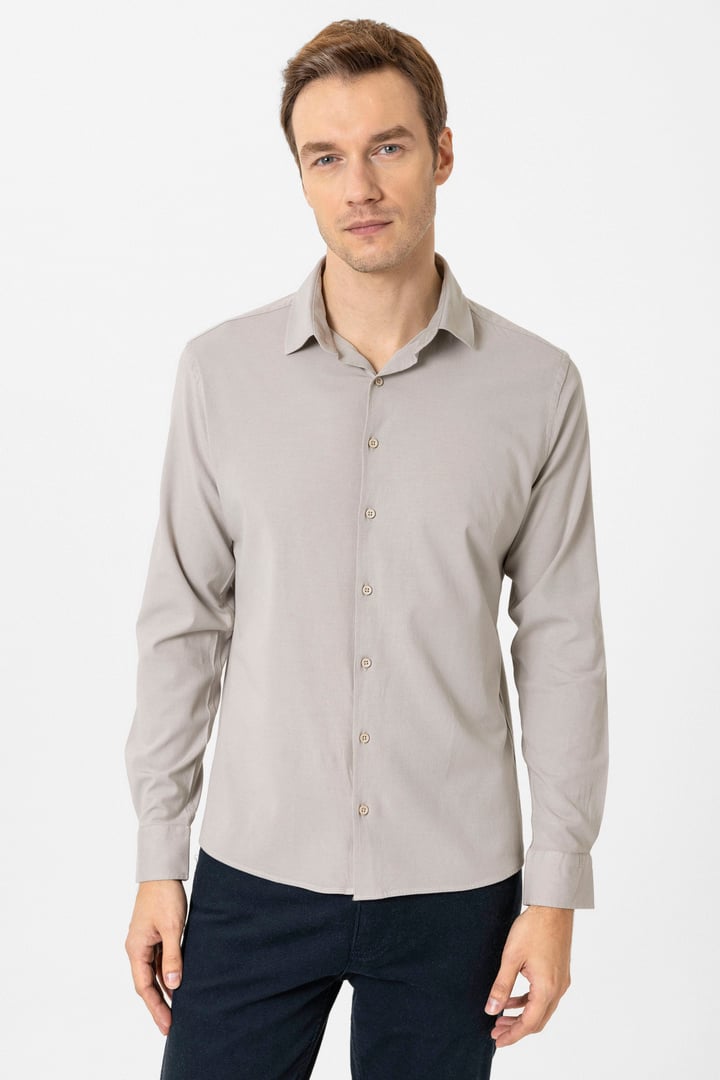 Ekru Slim Fit Düz Klasik Yaka Gömlek