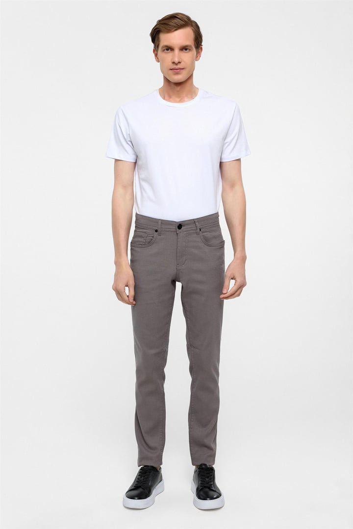 Gri Slim Fit 5 Cep Kalıp Armürlü Kanvas Pantolon