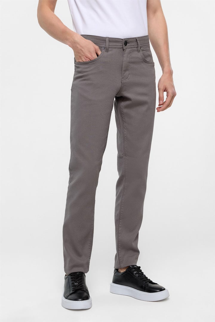 Gri Slim Fit 5 Cep Kalıp Armürlü Kanvas Pantolon