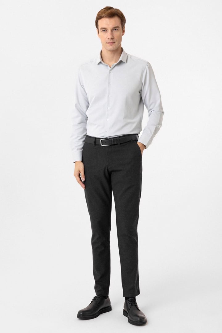 Gri Slim Fit Armürlü Klasik Yaka Gömlek