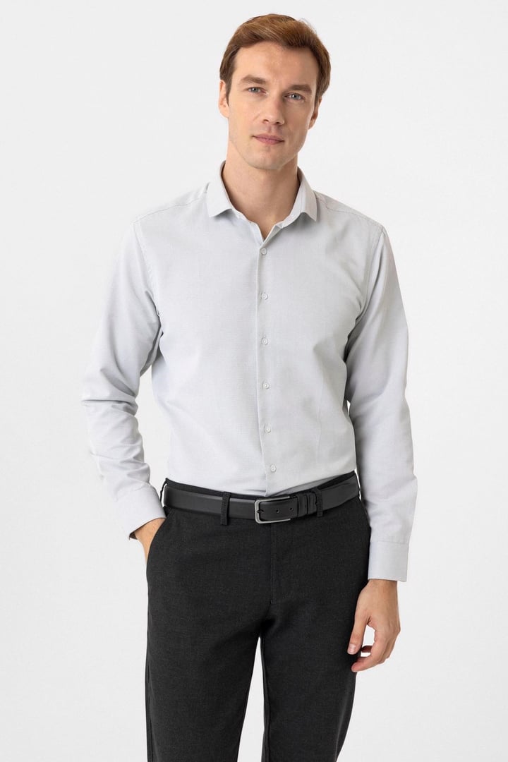 Gri Slim Fit Armürlü Klasik Yaka Gömlek