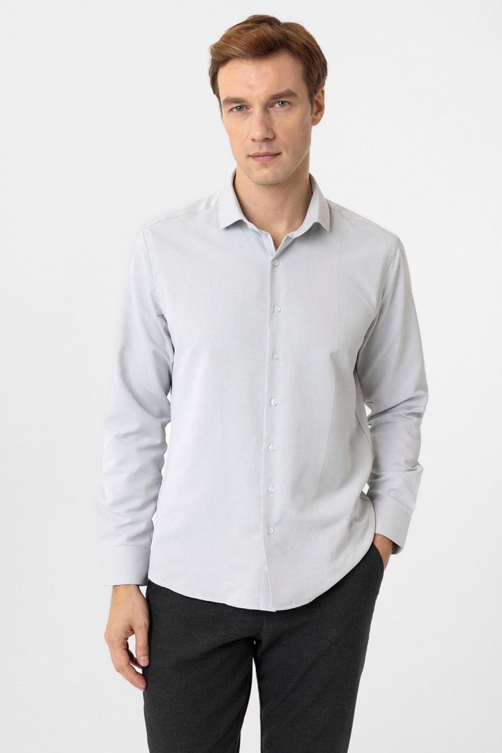 Gri Slim Fit Armürlü Klasik Yaka Gömlek