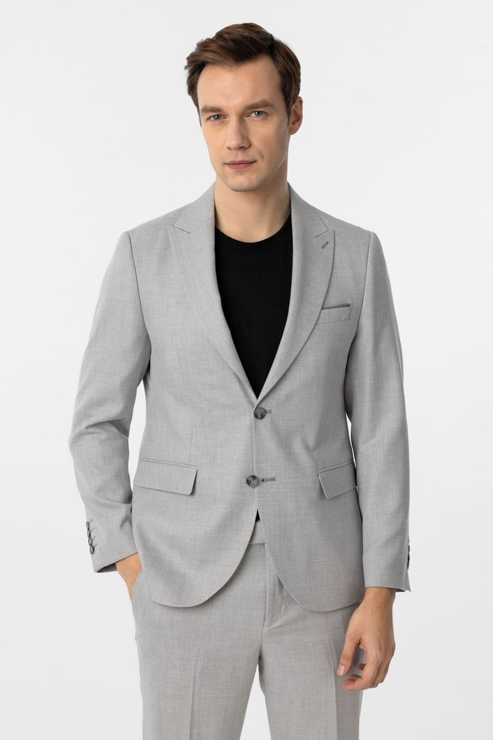 Gri Slim Fit Desenli Sivri Yaka 6 Drop Klasik Takım Elbise