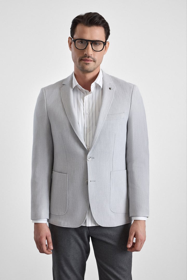 Gri Slim Mono Yaka Torba Cep 6 Drop Klasik Ceket