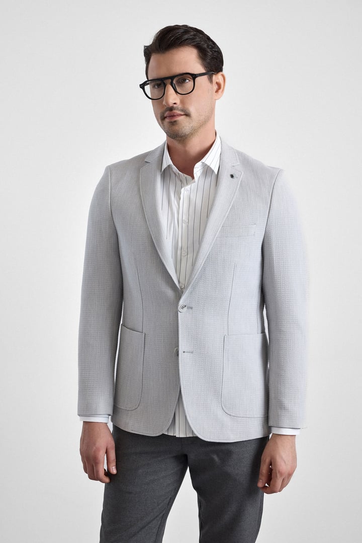 Gri Slim Mono Yaka Torba Cep 6 Drop Klasik Ceket