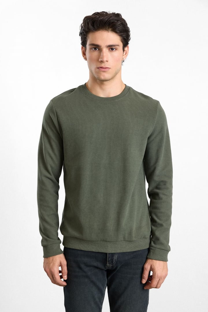 Haki Regular Düz Baskısız Selanik Bisiklet Yaka Cepsiz Sweatshirt