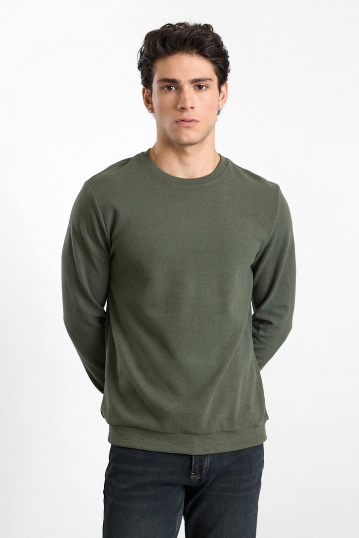 Haki Regular Düz Baskısız Selanik Bisiklet Yaka Cepsiz Sweatshirt