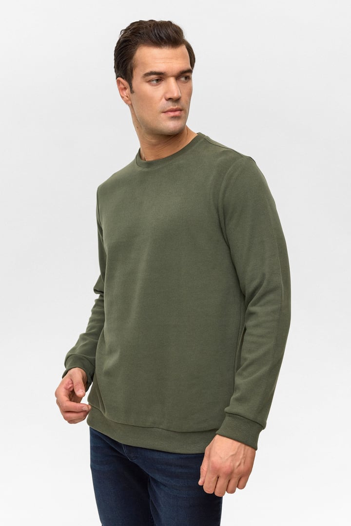 Haki Regular Düz Bisiklet Yaka Sweatshirt