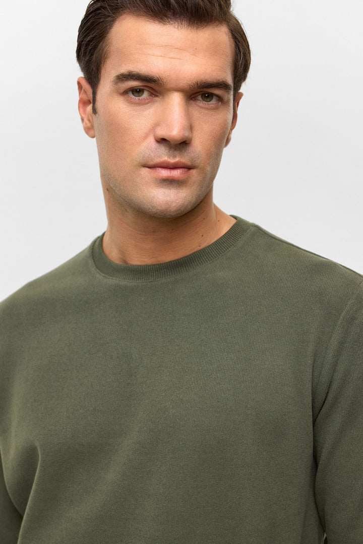 Haki Regular Düz Bisiklet Yaka Sweatshirt