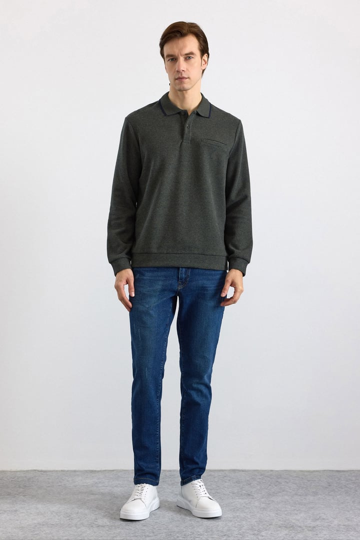 Haki Regular Düz Fermuarlı Polo Yaka Sweatshirt