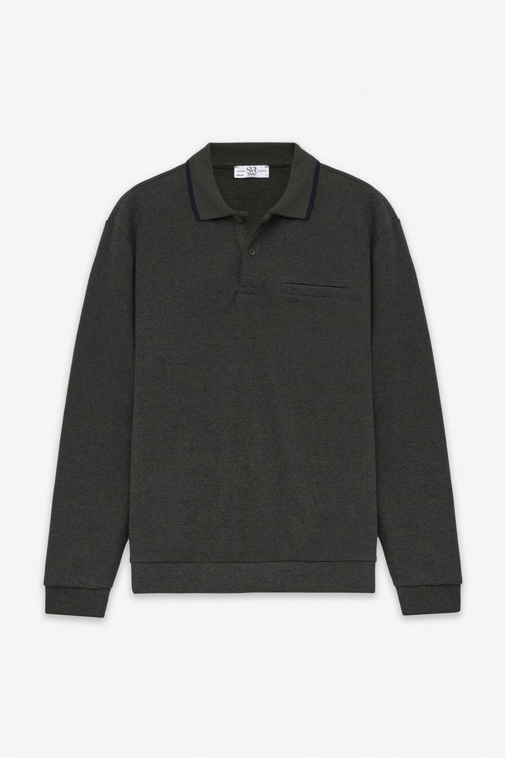 Haki Regular Düz Fermuarlı Polo Yaka Sweatshirt