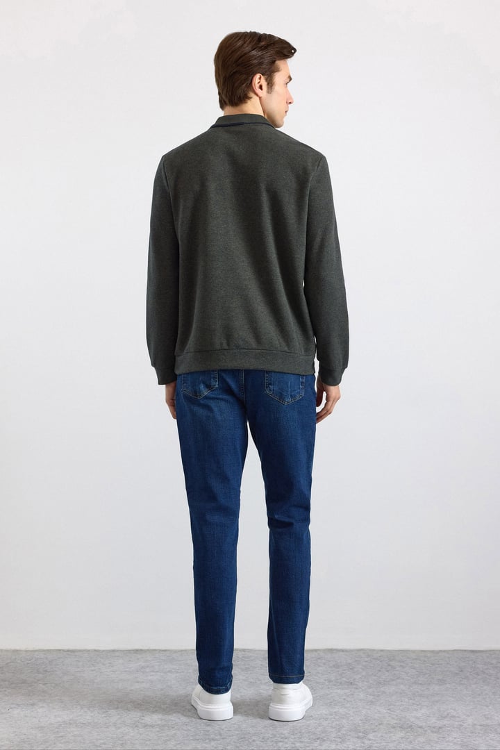 Haki Regular Düz Fermuarlı Polo Yaka Sweatshirt
