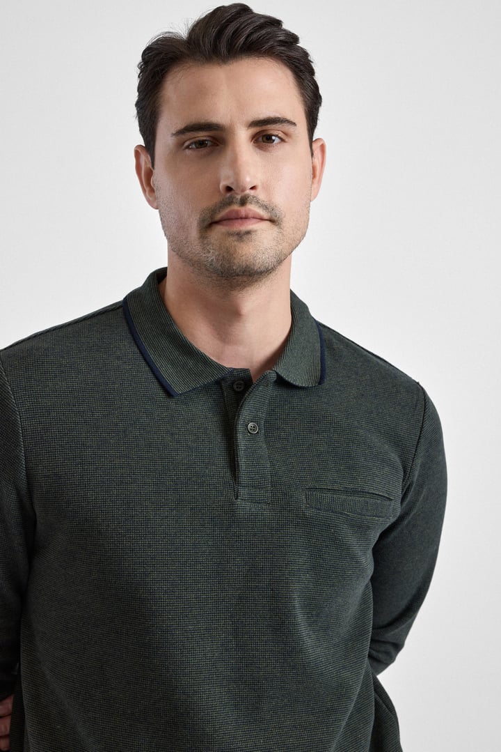 Haki Regular Düz Polo Yaka Sweatshirt