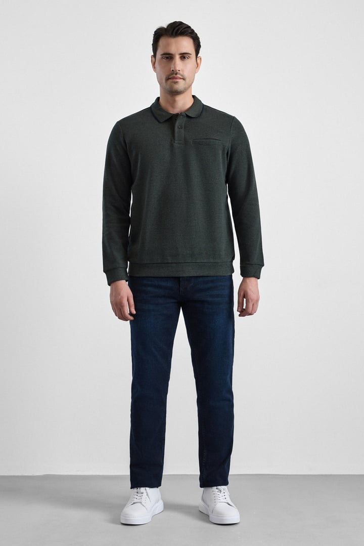 Haki Regular Düz Polo Yaka Sweatshirt