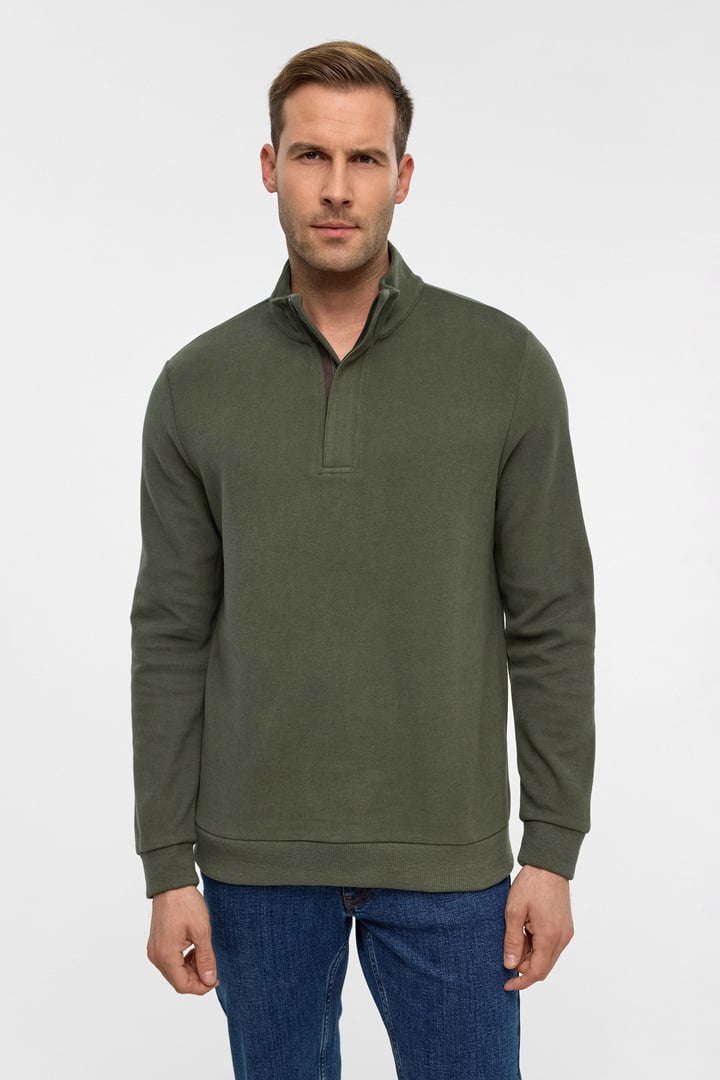Haki Regular Düz Polo Yaka Sweatshirt