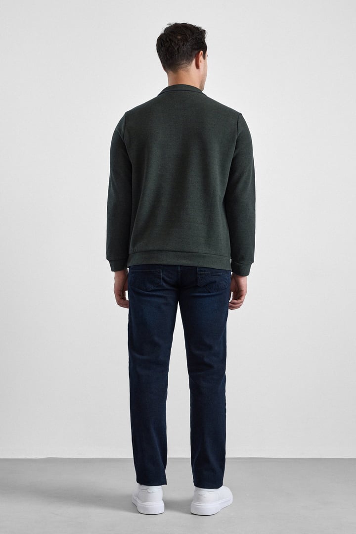Haki Regular Düz Polo Yaka Sweatshirt